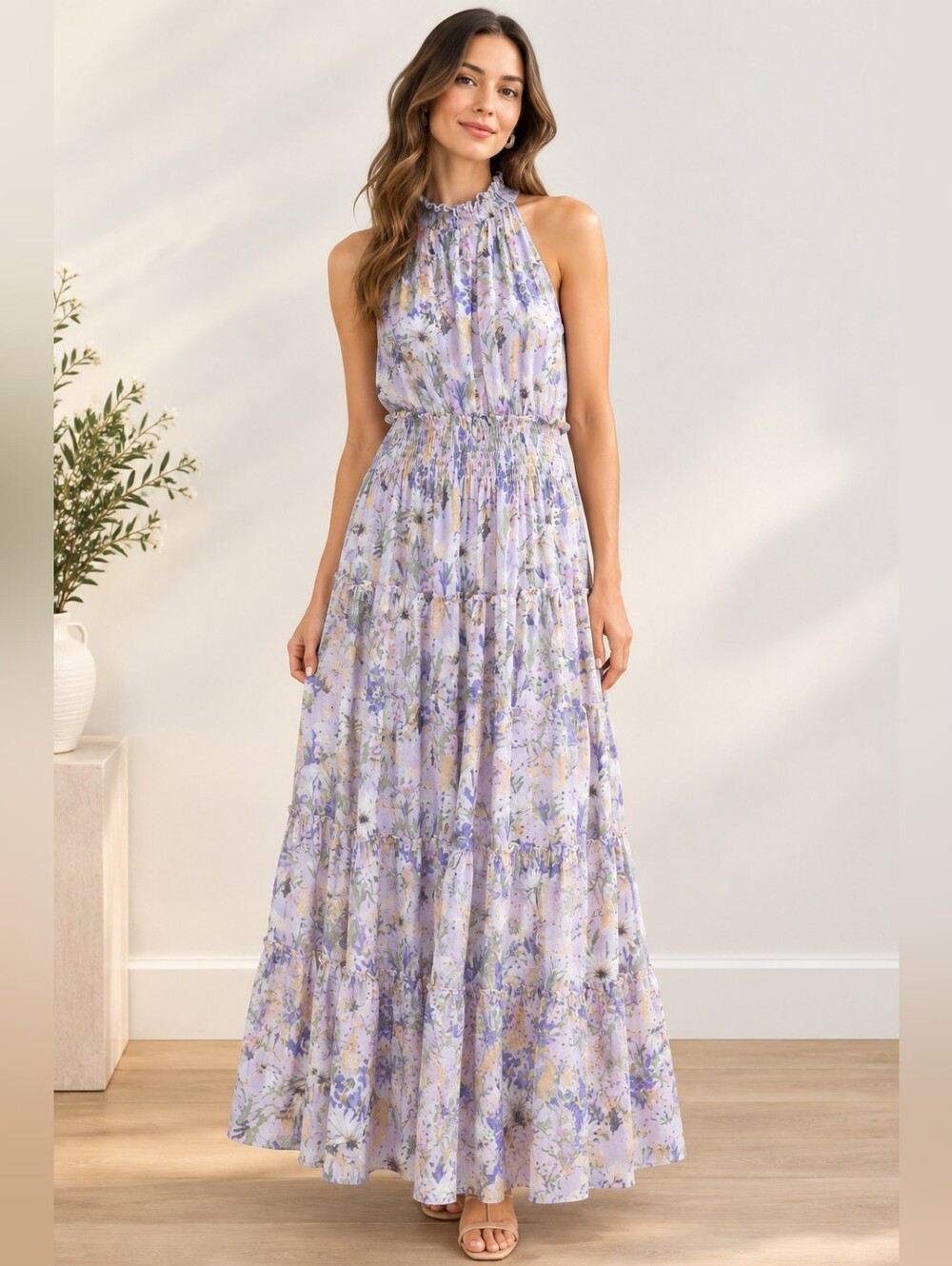 Taylor Lavender Floral Maxi Dress with Yellow & Green Accents